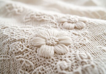 Aufkleber - Intricate Cream Embroidered Flowers on Knit Fabric Detail : Generative AI