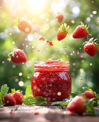 Aufkleber - Fresh Strawberries Flying Above a Jar of Homemade Jam with Sparkling Sunlight in Green Background : Generative AI