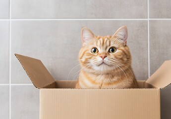 Poster - Charming ginger cat sitting in a cardboard box with a curious expression : Generative AI