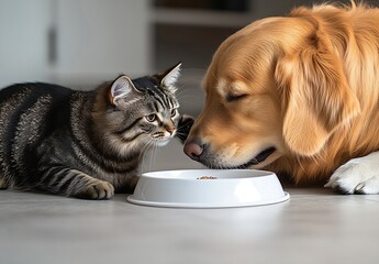 Poster - Golden Retriever and Tabby Cat Sharing a Meal Together in Cozy Indoor Setting : Generative AI