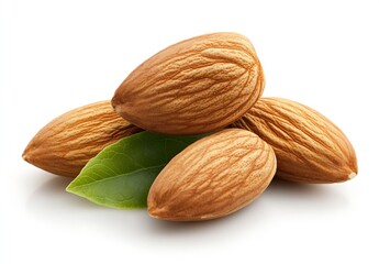 Poster - Fresh raw almond nuts with unique texture and green leaves on white background : Generative AI