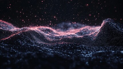A futuristic and abstract sci-fi tunnel is illuminated by glowing neon lines and lights set against the backdrop of dark and empty space, empty space