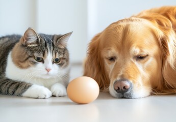 Aufkleber - Curious Golden Retriever and Tabby Cat Staring at an Egg on the Floor : Generative AI