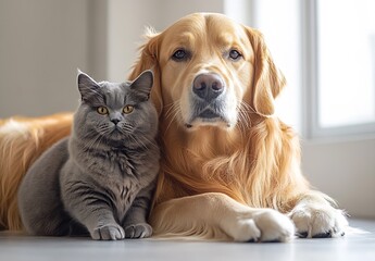 Poster - Golden Retriever Snuggling with Grey Cat in Bright Light and Cozy Environment : Generative AI