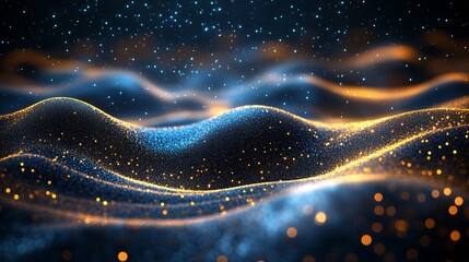 Poster - Glittering Abstract Landscape with Dark Waves and Sparkling Orange Lights : Generative AI