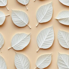 Poster - Seamless Artistic arrangement of white leaves on a beige background showcasing a unique and elegant design for home decor