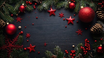 Aufkleber - Festive Christmas Decorations with Red Ornaments and Pine Cones on Dark Wooden Background : Generative AI
