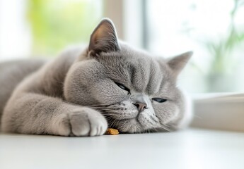 Poster - Cute and Relaxed Gray Cat Lying Down and Peacefully Resting on a Bright Surface with a Snack : Generative AI