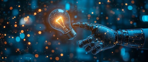 Aufkleber - Futuristic robotic hand presenting a glowing light bulb with a shimmering backdrop : Generative AI