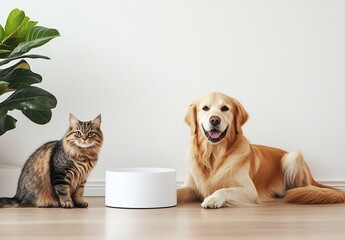 Poster - Golden Retriever and Cat Sitting Together by Pet Food Bowl with Greenery for Natural Domestic Scene : Generative AI
