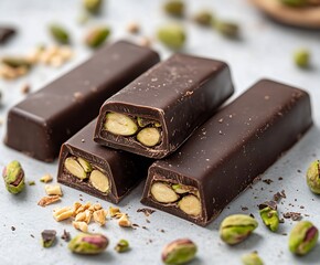 Poster - Delicious Dark Chocolate Bars Filled with Pistachios and Nuts on a Rustic Table : Generative AI