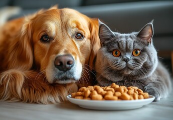Poster - Golden Retriever and Gray Cat Relaxing Together Beside a Bowl of Food in a Cozy Living Room : Generative AI
