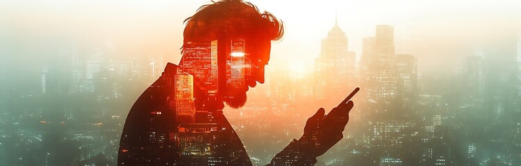 Poster - Silhouette of a man using a smartphone against a city skyline with vibrant colors and urban lights : Generative AI