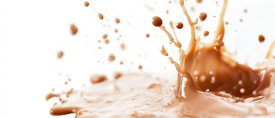 Poster - Dynamic Chocolate Splash and Droplets Against White Background for Beverage and Dessert Themes : Generative AI