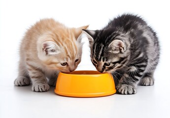 Poster - Curious kittens leaning over an orange bowl filled with food in a bright clean environment : Generative AI
