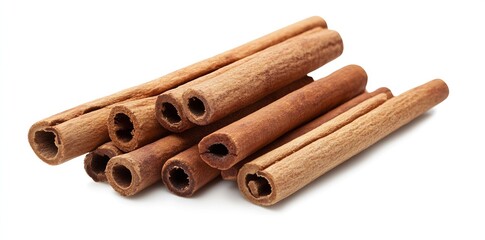 Poster - Cinnamon Sticks Piled Together on White Background with Unique Texture : Generative AI