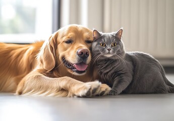 Poster - Loving Golden Retriever Dog Embracing a Charming Grey Cat in a Cozy Indoor Setting : Generative AI