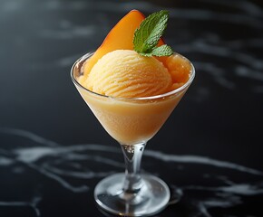 Aufkleber - Delicious Peach Sorbet in a Chic Dessert Glass with Fresh Mint Leaves on a Sleek Black Surface : Generative AI