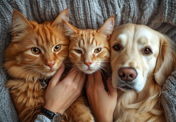 Poster - Adorable trio of cats and dog snuggled up together in cozy blanket holding each other in warmth and love : Generative AI