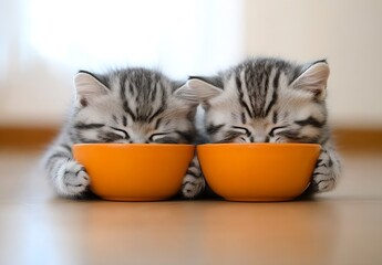 Poster - Two sleepy kittens with their heads resting in orange bowls creating a heartwarming scene : Generative AI