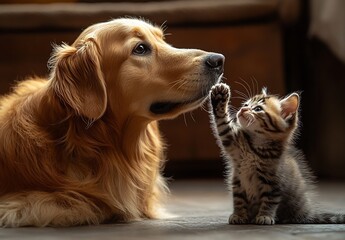 Poster - Golden Retriever and Kitten Having Fun Together with a Touching Moment : Generative AI