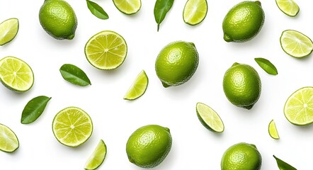 Poster - Artful arrangement of limes and leaves on a white background promoting summer vibes : Generative AI