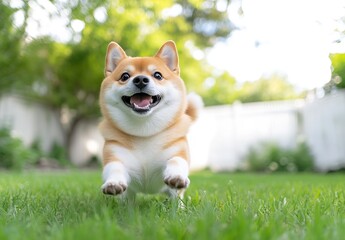 Aufkleber - Happy Shiba Inu Dog Running in a Lush Green Garden During the Day : Generative AI