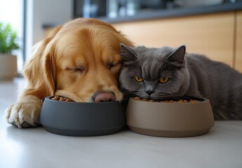 Poster - Golden Retriever and Grey Cat Resting Close Together Next to Food Bowls : Generative AI
