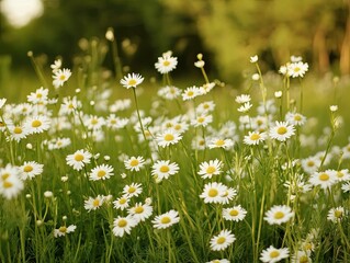 Wall Mural - a serene meadow filled with blooming daisy flowers in the warm sunlight