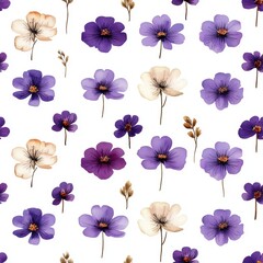 Poster - Seamless Delicate purple flowers blooming elegantly on a bright white background creating a stunning visual contrast of colors