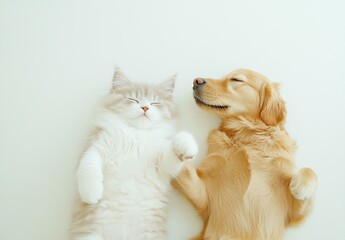 Poster - Cute Cat and Dog Sleeping Together on White Background : Generative AI