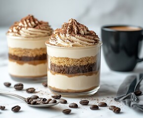 Poster - Indulgent Double Layered Tiramisu Dessert in Glass with Cocoa and Coffee : Generative AI
