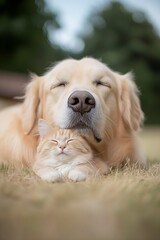 Poster - Adorable Golden Retriever Snuggling with Orange Tabby Cat During a Sunny Day Outdoors : Generative AI
