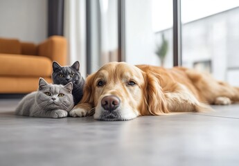 Poster - Golden Retriever and Cats Resting Together in Bright Modern Room : Generative AI
