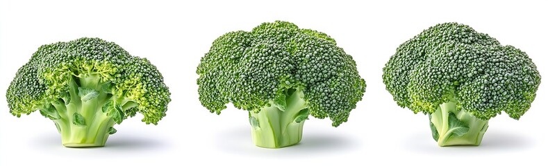 Poster - Three fresh green broccoli heads on white background showcasing health and nutrition : Generative AI