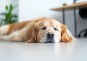 Poster - Golden Retriever Dog Snoozing Peacefully on Floor in Comfortable Home Environment : Generative AI