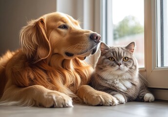 Poster - Golden Retriever and Tabby Cat Enjoying a Relaxing Moment Together in a Bright Room : Generative AI