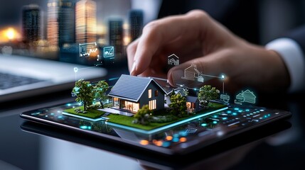 Poster - Innovative real estate technology showcase urban environment digital model display modern architecture close-up view smart home concepts for seo impact