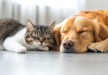 Poster - Golden Retriever and Tabby Cat Sleeping Comfortably Side by Side on the Floor : Generative AI