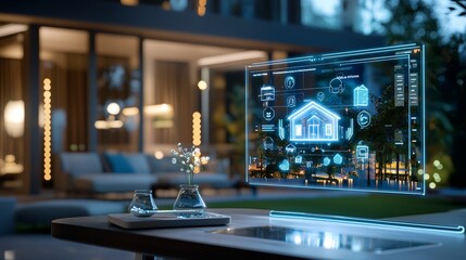 Poster - Innovative smart home technology showcase modern urban environment digital interface evening setting futuristic concept for enhanced living experience