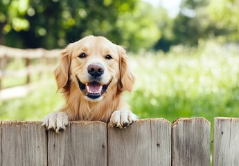 Poster - Joyful Golden Retriever Dog Smiling While Peeking Over a Wooden Fence in a Green Field : Generative AI