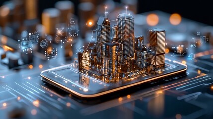 Poster - Innovative cityscapes on mobile devices urban environment digital art modern technology aerial view future conceptualization for enhanced urban connectivity