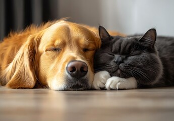 Poster - Golden Retriever and Gray Cat Snuggling on Floor with Soft Light : Generative AI
