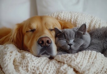 Poster - Golden Retriever and Gray Cat Snuggled Together in Soft Knit Blanket : Generative AI