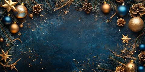 Aufkleber - Elegant Christmas Decoration on Dark Blue Background with Ornaments and Pine Foliage : Generative AI