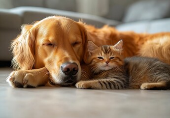 Poster - Golden retriever dog and tabby kitten enjoying peaceful nap together on the floor : Generative AI
