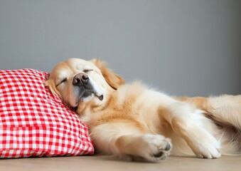 Poster - Golden retriever puppy sleeping peacefully on a cozy red plaid pillow in a serene home environment : Generative AI