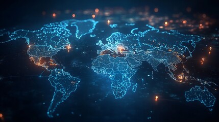 Aufkleber - Futuristic digital world map glowing with neon blue lights showcasing global connections and technology : Generative AI