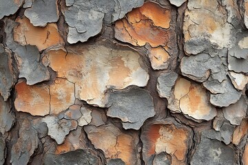 Close-up of textured tree bark with grey, orange, and brown hues.