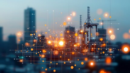 Poster - Construction activity in urban landscape featuring digital data visualization city skyline technology environment aerial viewpoint innovative concepts